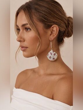 0174)Betsey Johnson White Shell Floral Drop Earrings with Pink and Green Accents